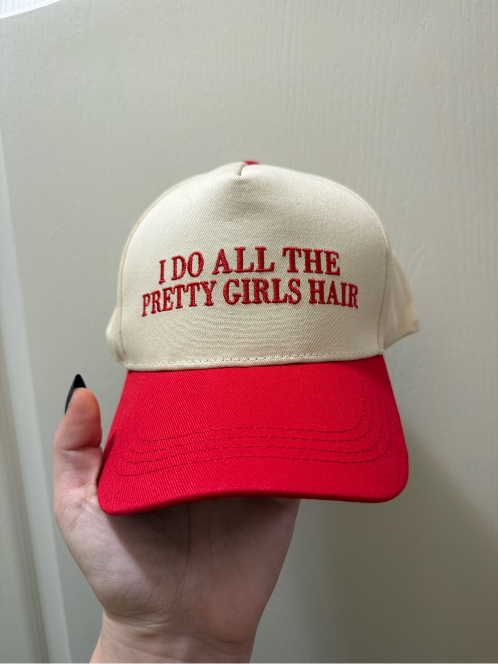 Cream and Red Embroidered Baseball Cap - I Do All The Pretty Girls Hair